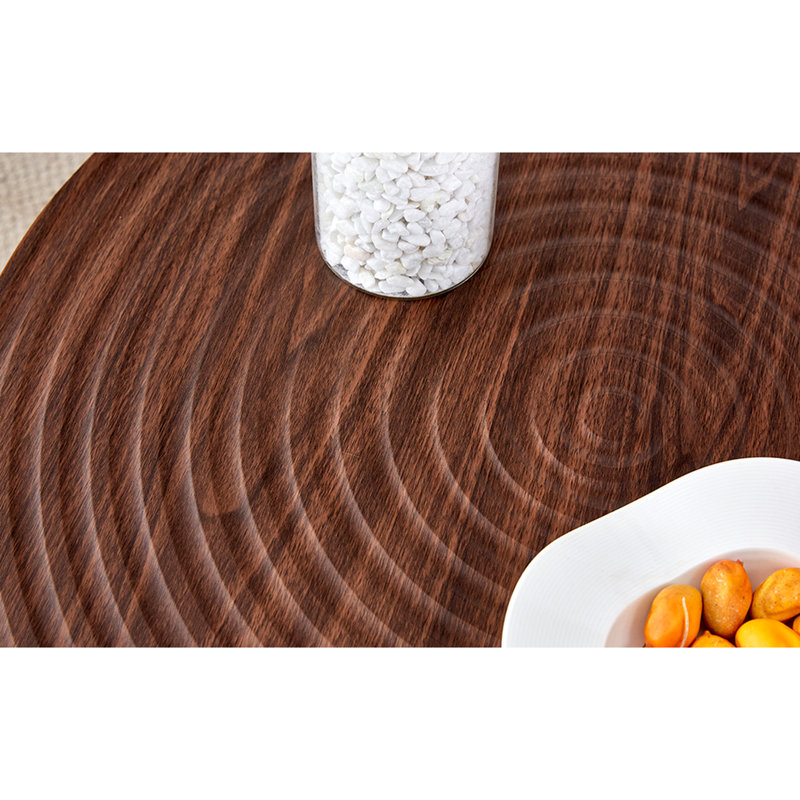 Coffee Table - 23.6 Inches Diameter, Suction Molded , Walnut Color Design, Black Metal Leg, Water , Adjustable Feet For Stability Pattern,