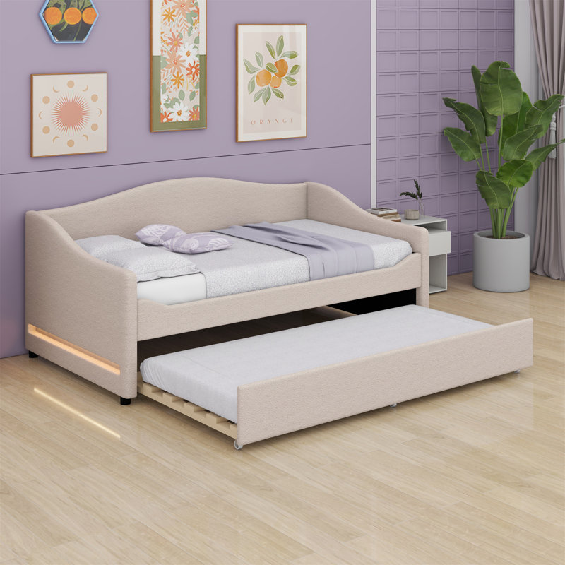 Upholstered Daybed With Light And Trundle, Beige