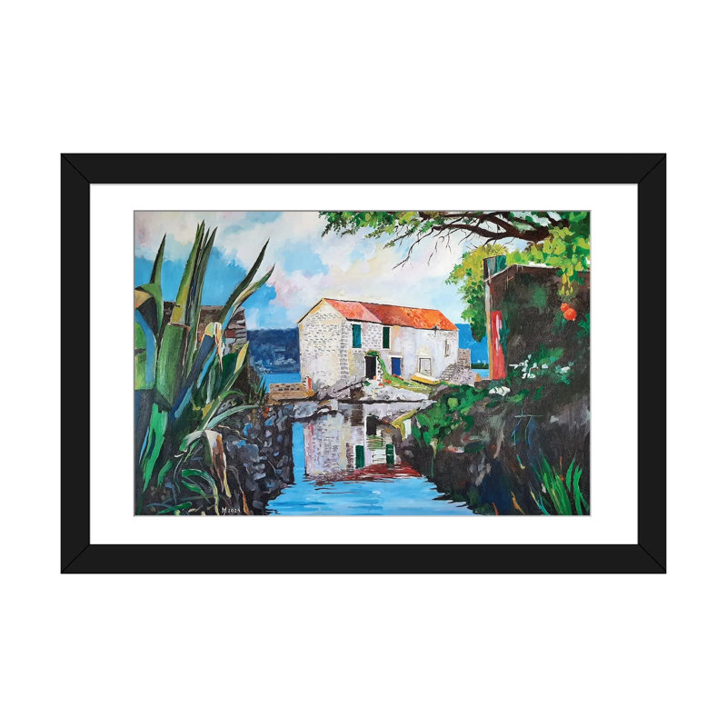 Reproduction d'art de maison méditerranéenne en pierre - papier d'art encadré, 24 po x 16 po, Papier encadré, Black