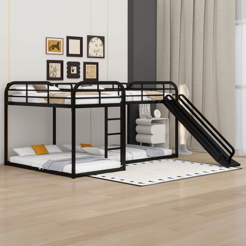 Lit superposé en L pour lit double et simple avec glissière et échelle courte, Noir