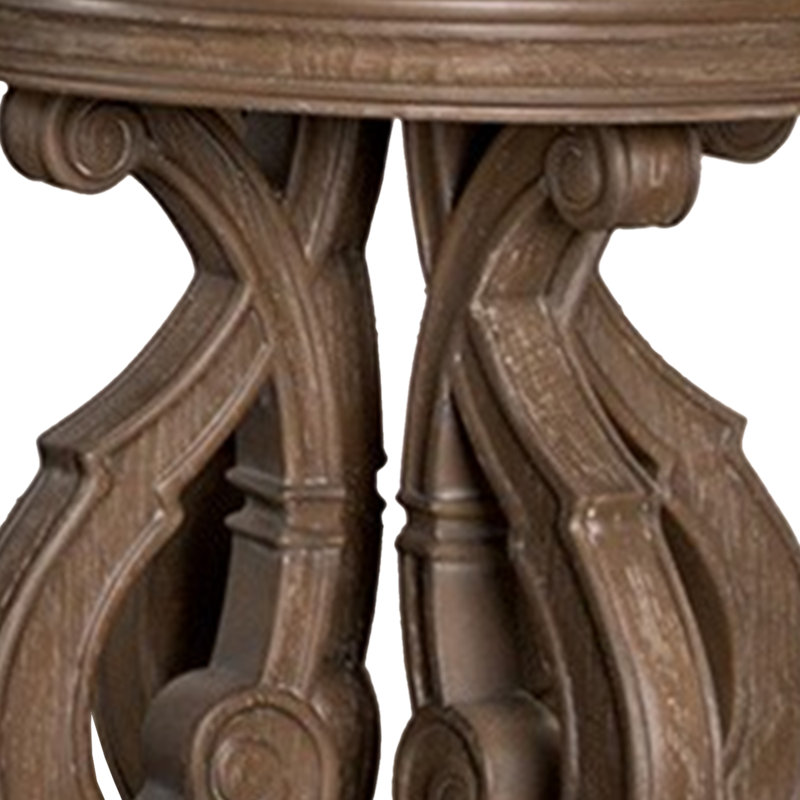 Table de bout Gia, plateau rond de 27 po, détails sculptés, bois massif brun