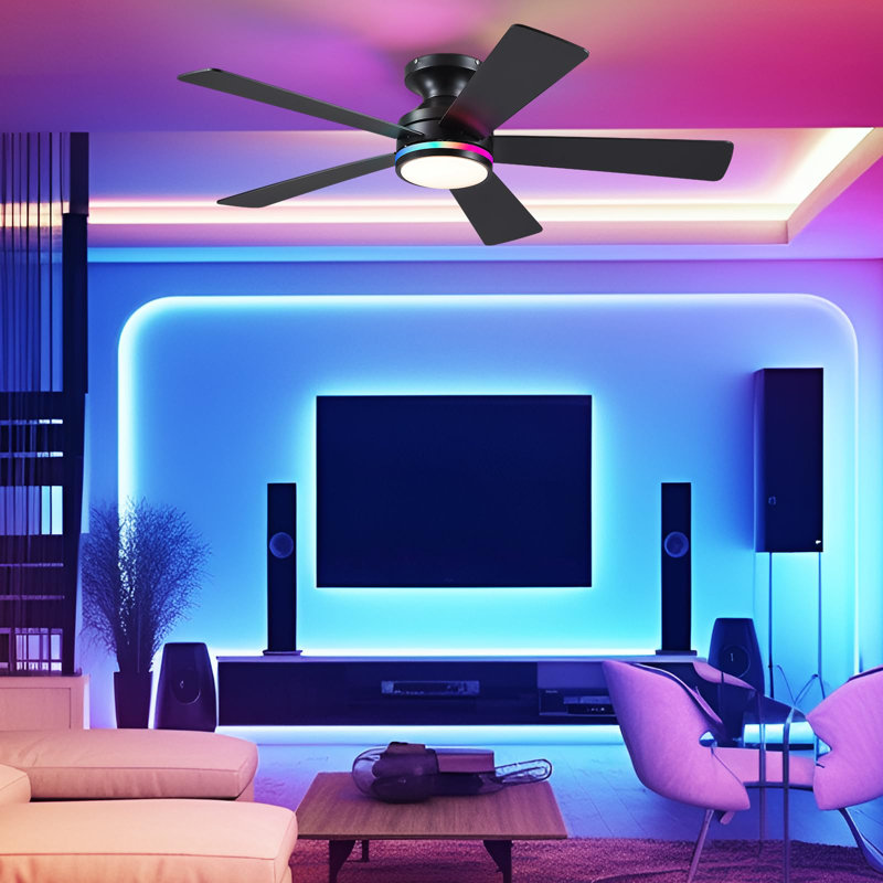 46" Low Profile Flush Mount Ceiling Fan Light With Remote/app Control, Black-RGB   