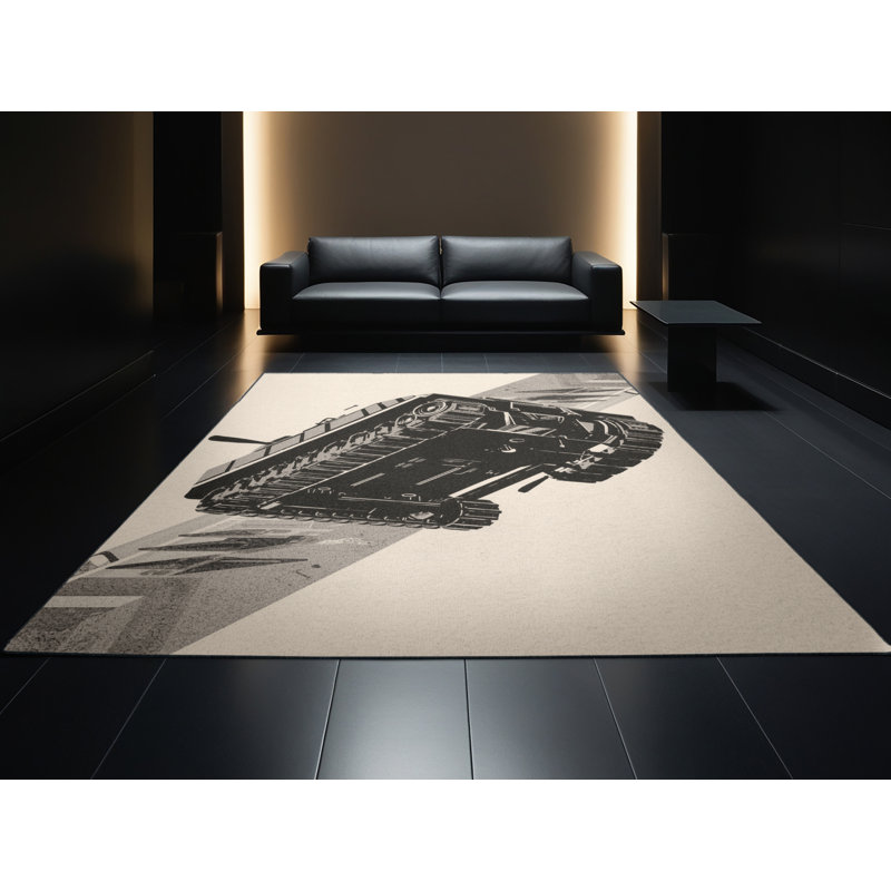 Machine Washable Vehicles And Transportation Amphibious Vehicle Industrial Block Print Rug in Beige – Black Binding, 4x6
