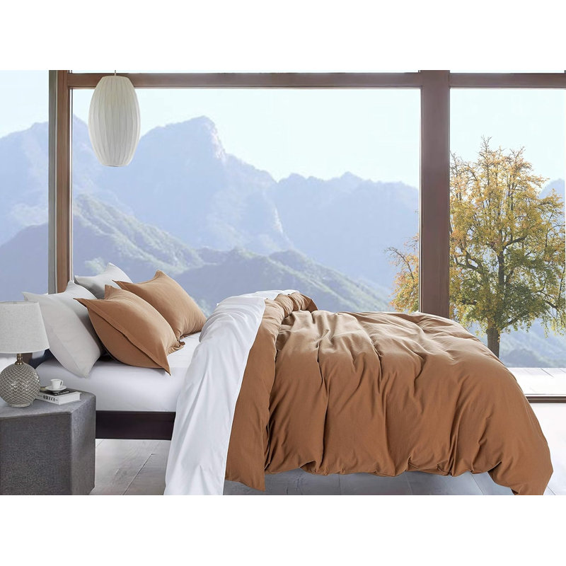 Stonewashed Cotton Solid Color Duvet Cover Set, California King Duvet Cover + 2 King Shams, Orange