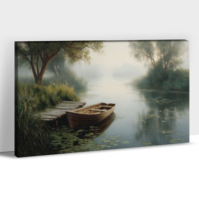 Paysage de campagne, art mural sur toile - lever de soleil, peinture de paysage sur un bateau en bois rétro