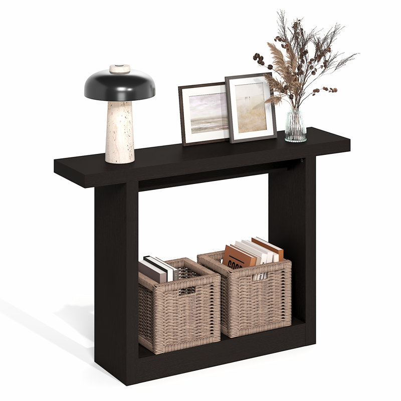 Furinno ARA Entryway Table 119.4 cm, Narrow Farmhouse Console Table, Sofa Table with wide Bottom Shelf, Couch Table Behind Sofa, Entryway Table for Entrance, Hallway, Living Room, Black Dark Oak