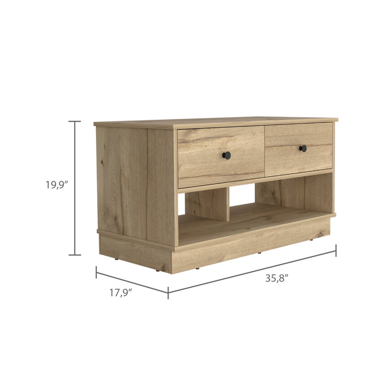 Banc de rangement, deux tiroirs, deux tablettes ouvertes, chêne clair