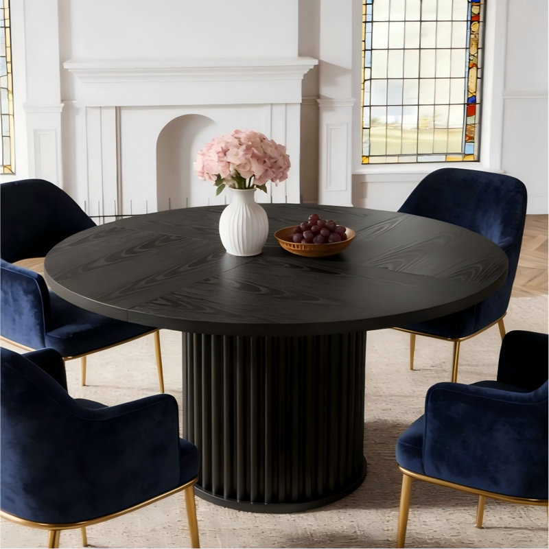 Table de salle à manger ronde de 47 po, table de cuisine en bois avec base cannelée robuste en métal, Noir