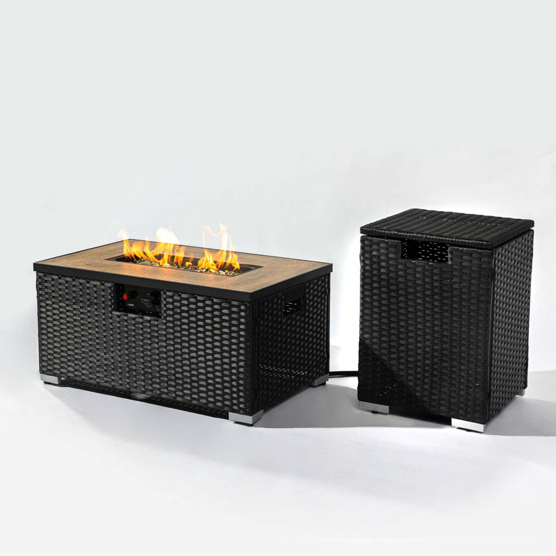Rattan Fire Pit Table With Tank Holder And Ceramic Tile Tabletop, Dark Gray