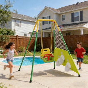 Ensemble de balançoire pour tout-petits 3 en 1 avec panier de basketball et buts de soccer, balançoire pour bébé intérieur / extérieur avec support en métal pliable, ensemble de balançoire pour enfants pour la cour, instructions claires, facile à