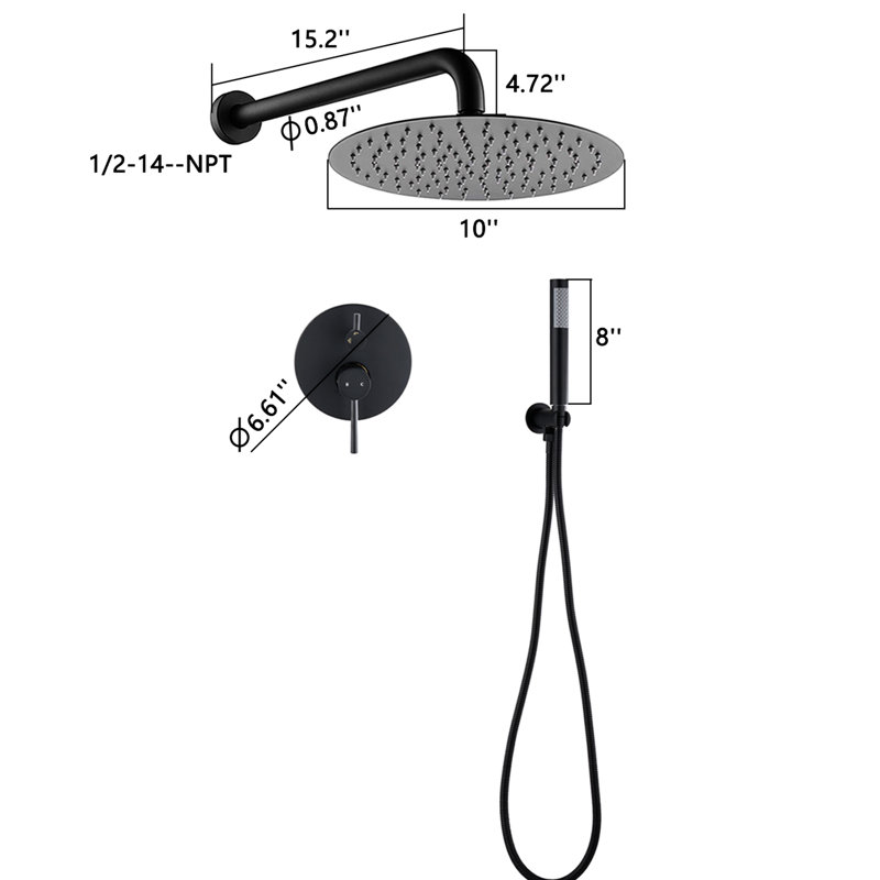 Pomme de douche noire matte de 10 po: pluie et à main, laiton pour une tête de bain raffinée faite d'un agréable, Noir mat
