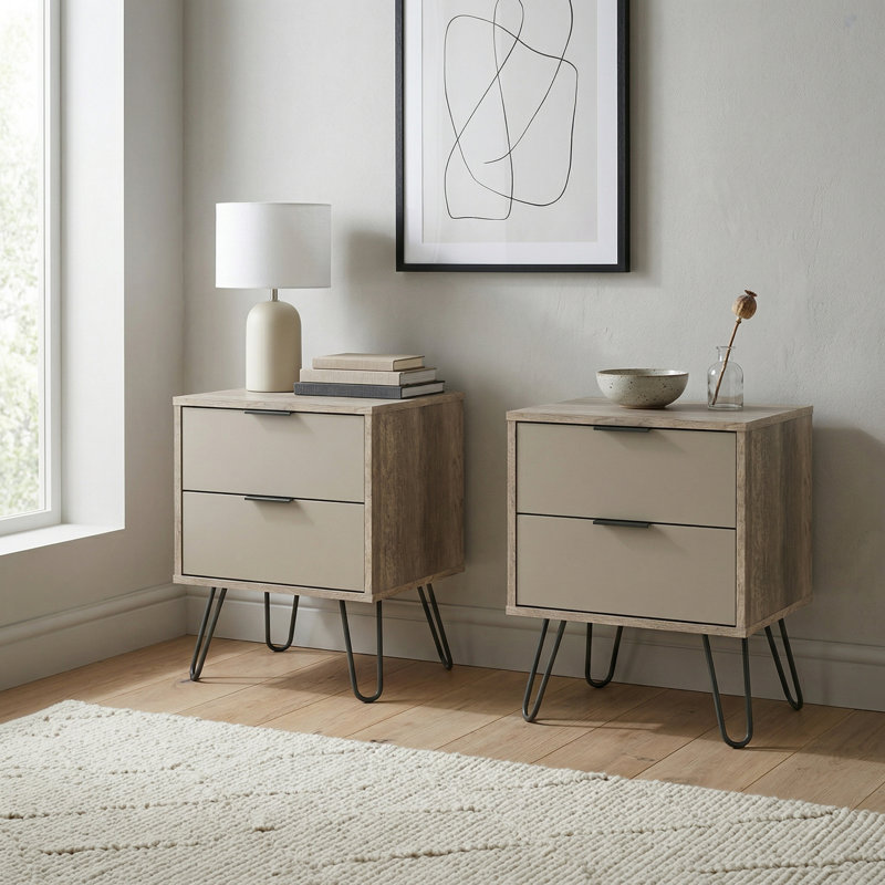 Set of 2 Augusta 2-Drawer Industrial Bedside Cabinets, Driftwood