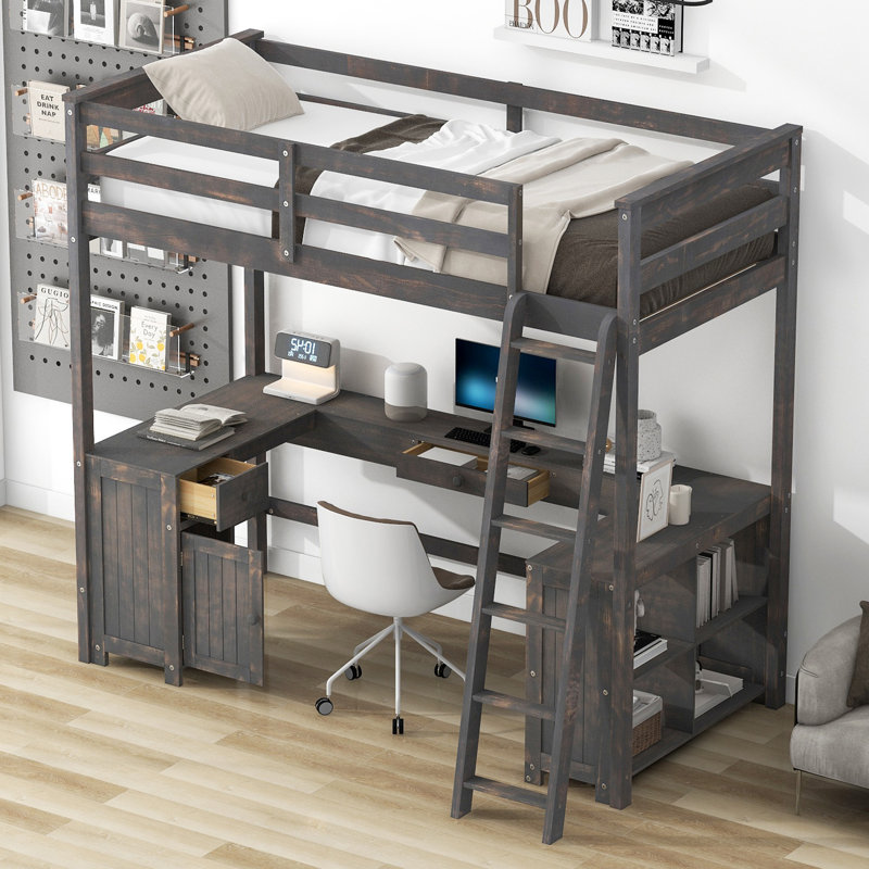 Lit mezzanine avec bureau en U, Lit simple, Brun antique