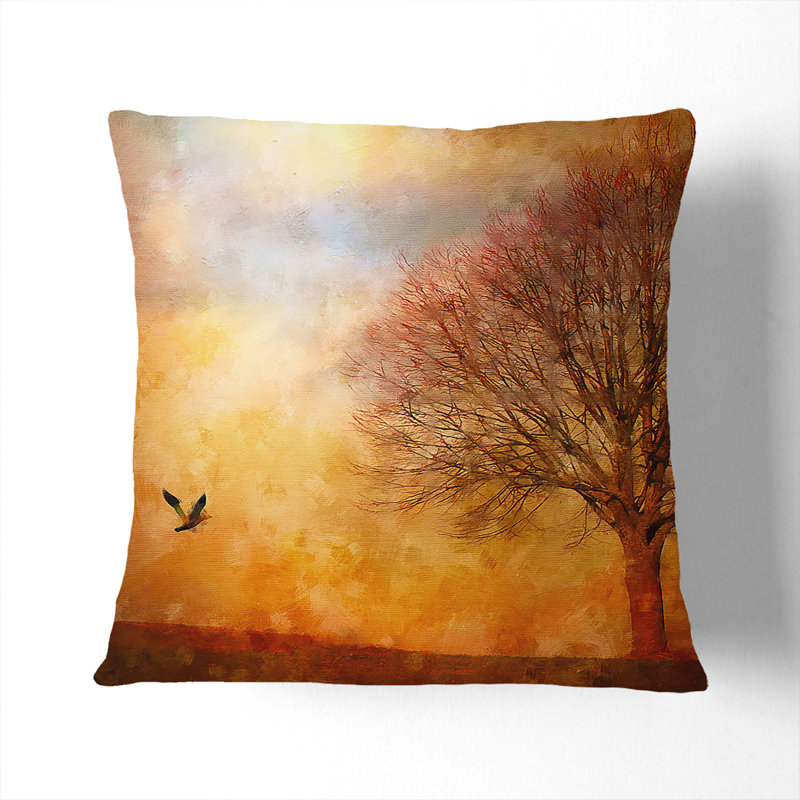 Bird and Tree at Sunset Painting Scatter Cushion, 40cm H x 40cm W x 15cm D, Stone