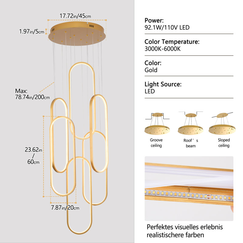 6 Rings Modern Led Chandeliers For Foyer Entryway High Ceiling,dimmable Long Staircase Chandeliers, Flush Mount 2700k-6000k