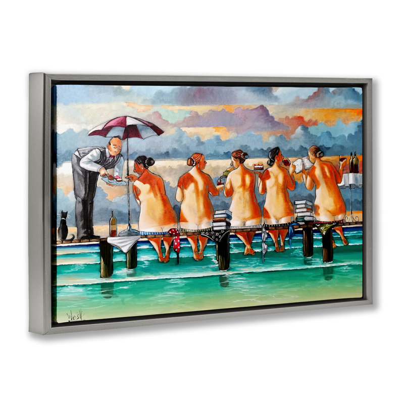 Cadre flottant The Book Club Beachgoers, design par Ronald West, Cadre flottant gris lustré, H 21 po x l 31 po