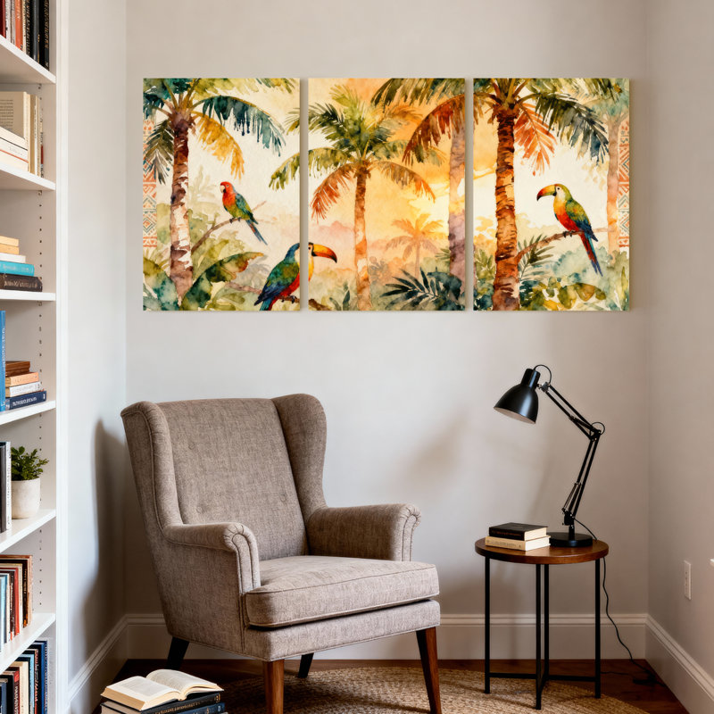 Palmiers, palmiers tropicaux et perroquets, ensemble de 3 impressions sur toile, H 18 po x l 36 po