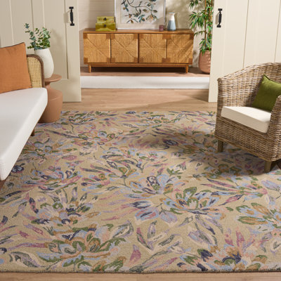 Karetha Hand Tufted Wool/Cotton Floral Rug in Purple/Beige