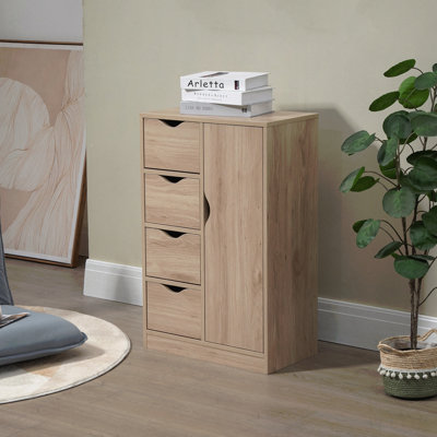Freestanding Storage Cabinet, Bathroom Floor Cabinet with 4 Drawers and Door, Oak