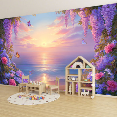 Peel and Stick Wallpaper 96" L x 69" W Modern Self Adhesive Wall Mural for Bedroom Colorful Butterflies Flowers Framing Serene Ocean Sunset