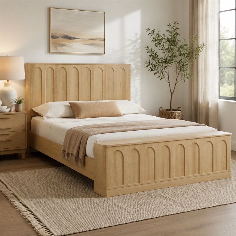Cadre de lit à rangement hydraulique en chêne de grande taille, lit plateforme en bois à panneau arqué de style médiéval-moderne avec repose-pieds de rangement, boîte à ressorts non requise