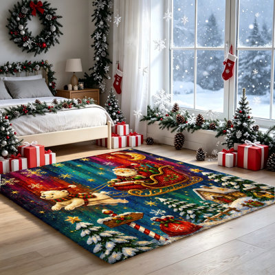 Christmas Santa Polar Bear Sleigh Ride Rug, Festive Winter Holiday Decor Area Carpet, Non-Slip Indoor Floor Mat for Living Room, Bedroom, Holiday Party, Home Decor