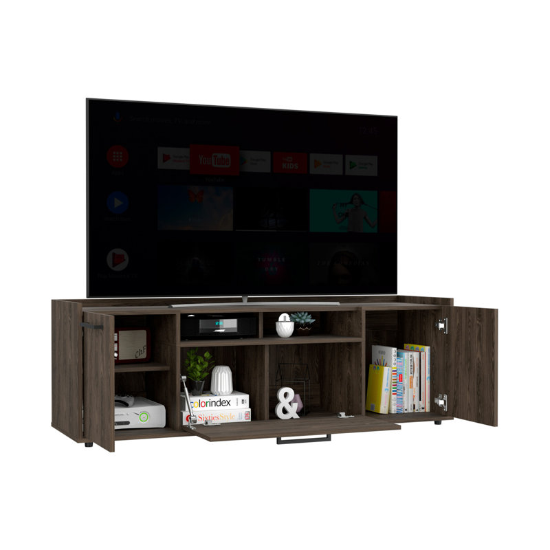 Meuble télé pour téléviseur de 60 po, armoires à deux portes, une armoire flexible, noyer foncé
