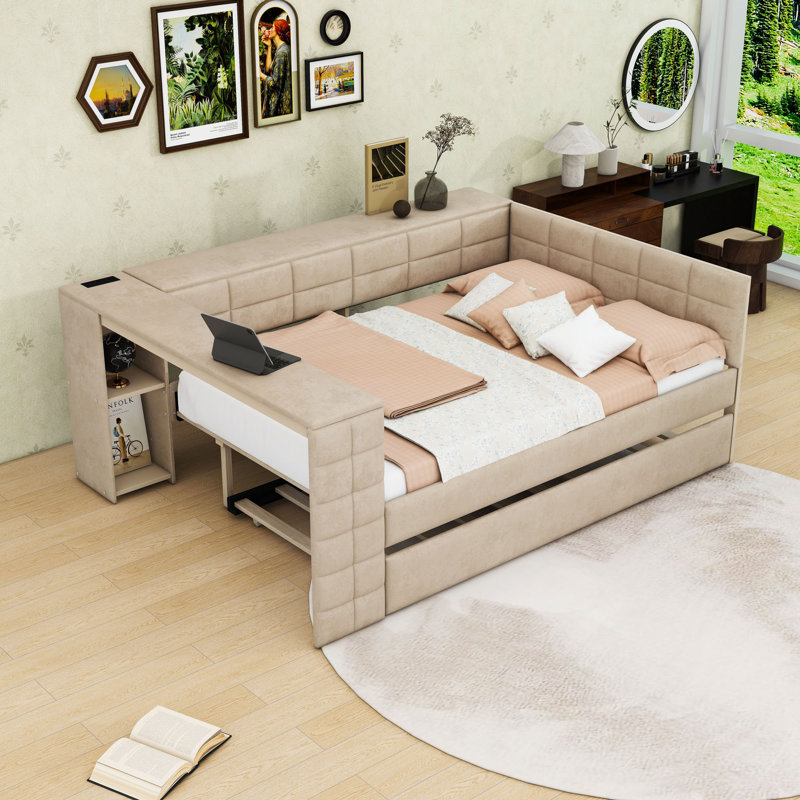 Full Upholstered Daybed with Twin Trundle, Charging Station and Storage Shelves, Beige