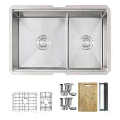 Undermount 25 inch Stainless Steel Double Bowl Workstation Kitchen Sink with Accessories