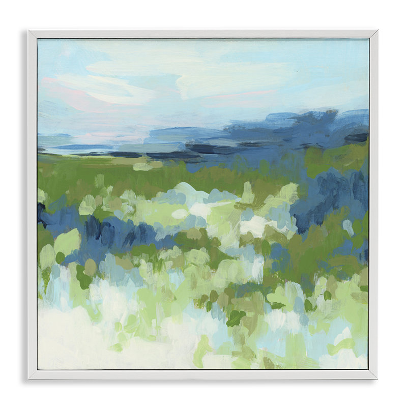 Art vert et bleu, estampe numérique par June Erica Vess, H 24 po x l 24 po, Estampe numérique encadrée blanc bord de mer