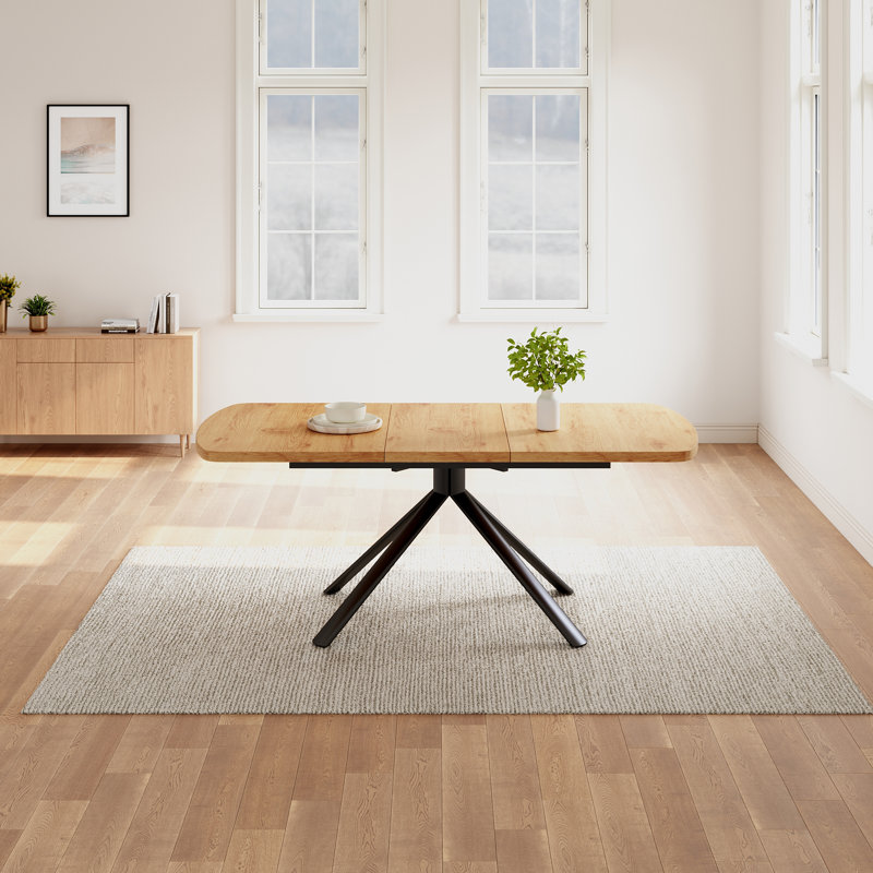 63 In. Oak  Extendable Modern Dining Table For 4-6 With Carbon Steel Legs