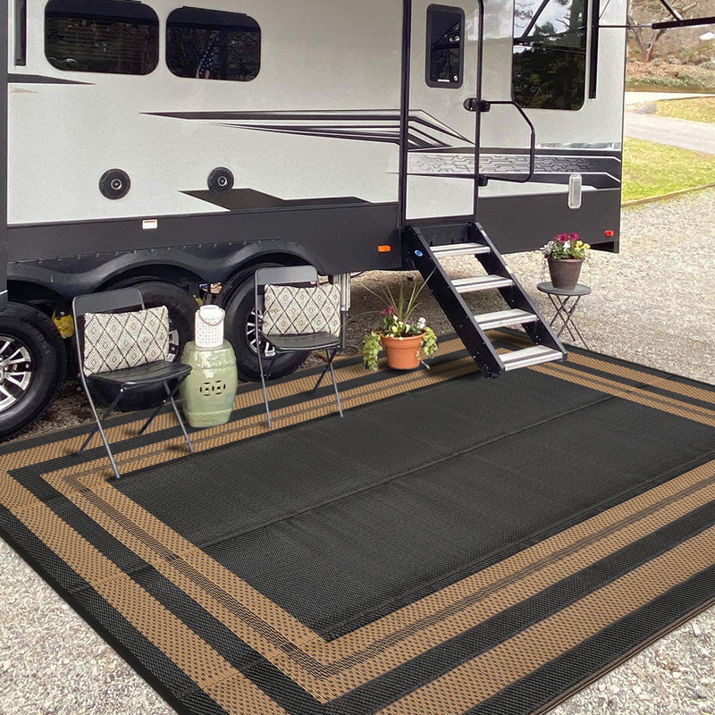 Outdoor Area Rug 8' x 10' Reversible Waterproof Polypropylene Patio Mat with UV Fade Resistance and Corner Loops for Deck, Balcony, Camping or Beach Use