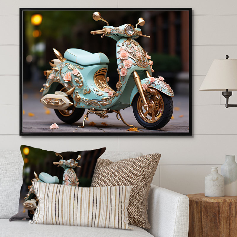 Turquoise, or, scooter personnalisé, croiseur III, impression sur toile, H 34 po x l 44 po x P 1,5 po, Cadre flottant noir