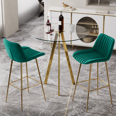 Pub Table and Velvet Fabric Pedestal Bar Stool Dining Set