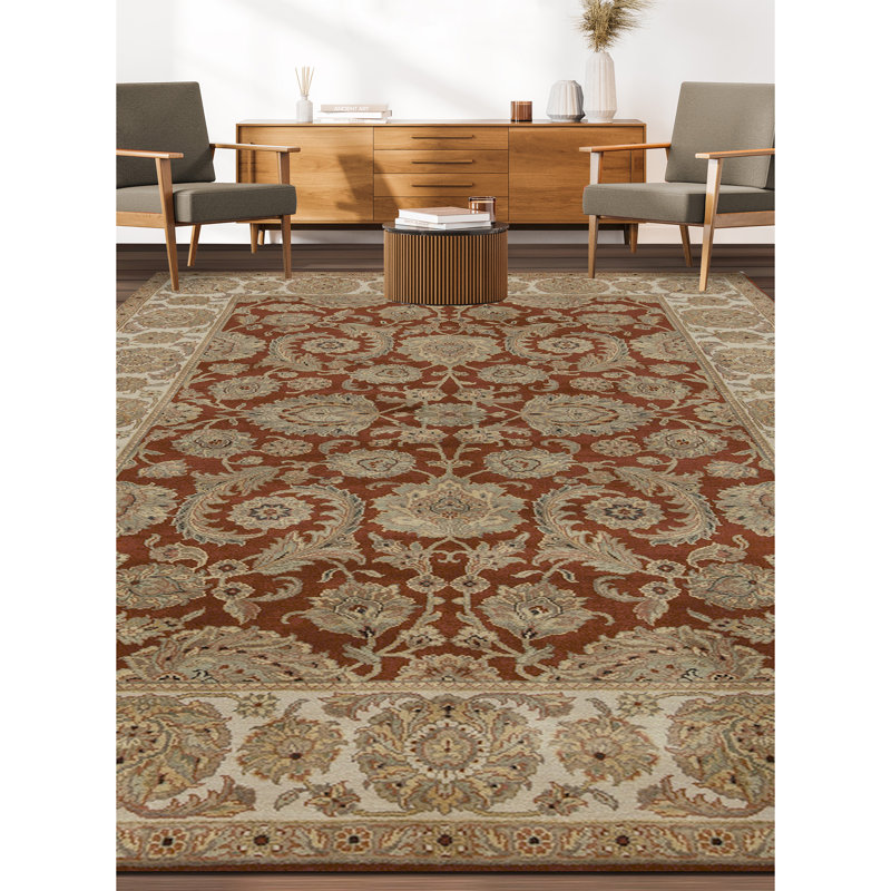 Tapis rouge et ivoire de haute qualité noué à la main