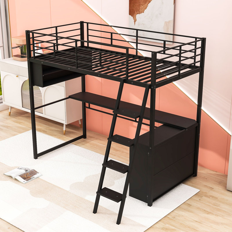 Loft Bed With Built-In Ladder, Desk, Storage Shelves And LED Lights, Twin