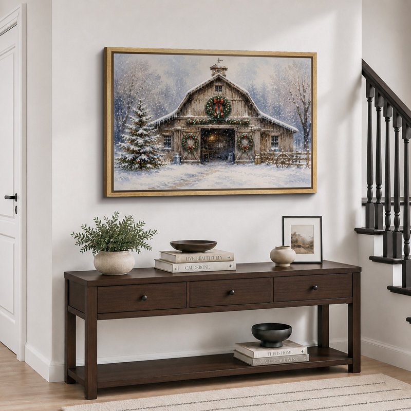 «Snowy Rustic Barn Christmas», art de chambre à coucher, impression sur toile encadrée, H 24 po x l 36 po x P 1,5 po