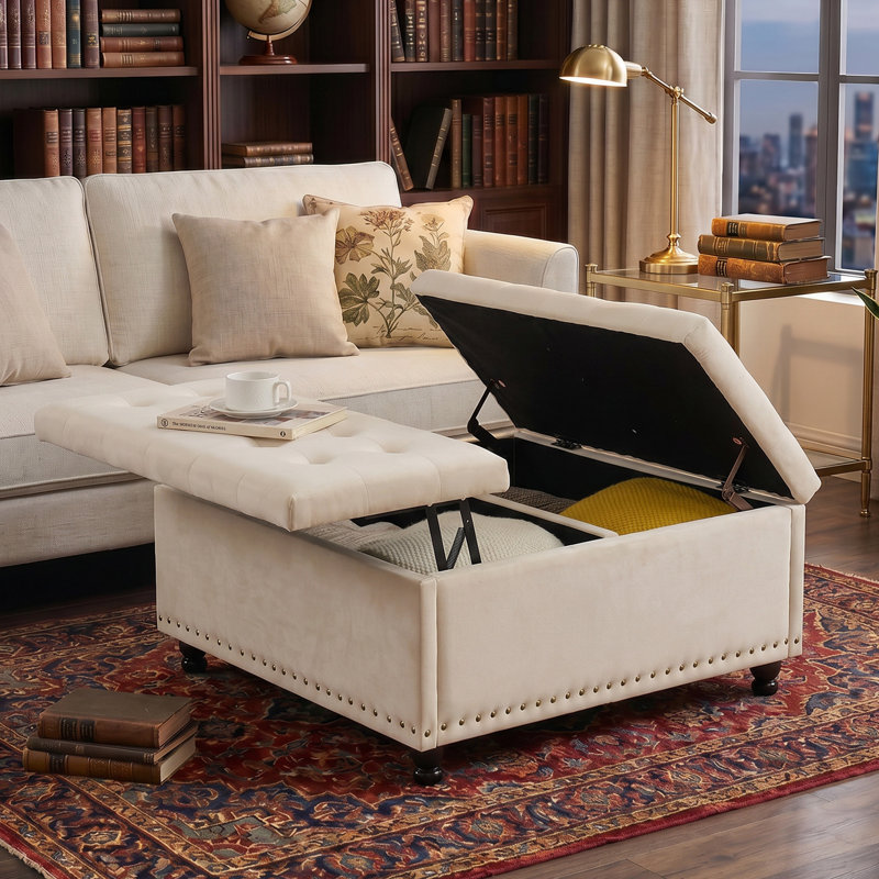 Delmontez 35.5'' Upholstered Storage Square Ottoman, Beige Velvet