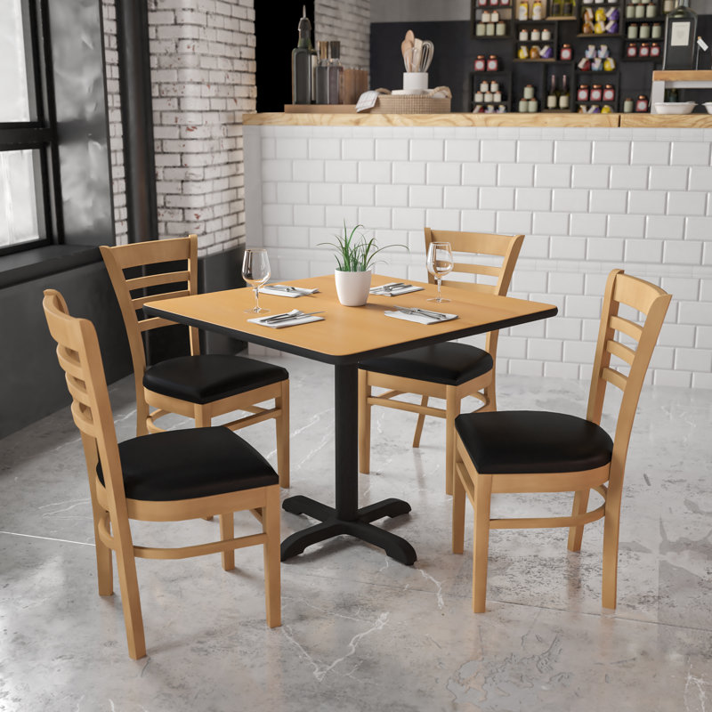 Lyman Ladder Back Wooden Restaurant Chair, Black Vinyl, Mahogany