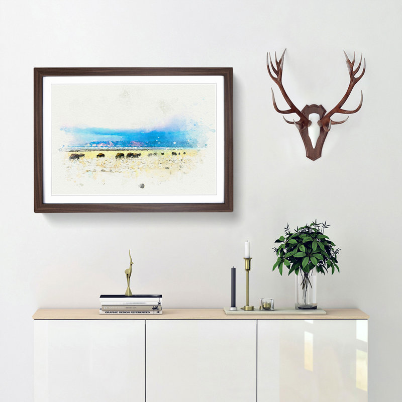Grazing Bison in Utah in Abstract - Picture Frame Graphic Art Print, Walnut Framed, 36cm H x 48cm W x 2cm D