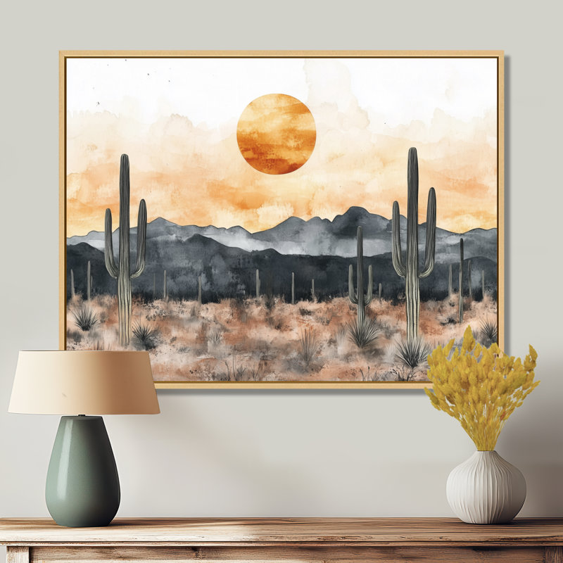 «Desert Horizon Silhouette II» - art mural désert jaune, H 34 po x l 44 po, Cadre naturel flottant