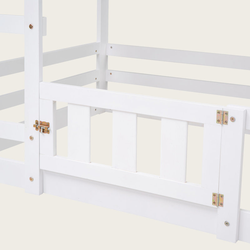 Lit superposé simple au-dessus de simple avec garde-corps de clôture, porte et toit, structure en bois de pin massif, Blanc