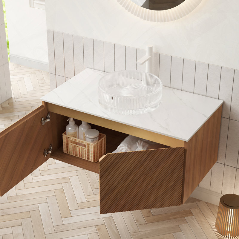 Meuble-lavabo flottant avec lavabo, portes à double fermeture en douceur et plateau en pierre frittée, 36"