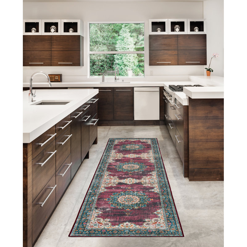 Ducote Washable Ivory and Burgundy Machine Woven Area Rug, Runner 2' x 8'