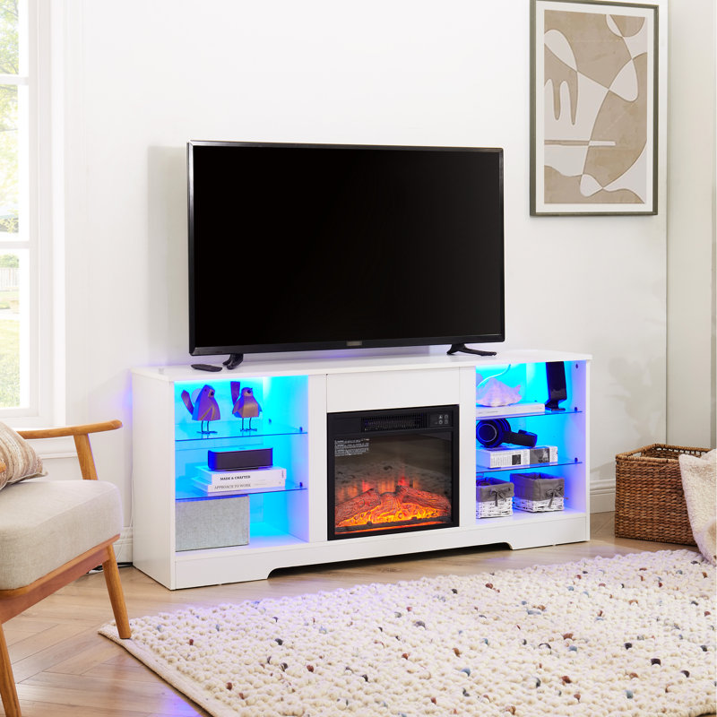 Meuble télé électrique pour foyer avec température réglable - l 58 po x P 15,5 po, H 24,4 po, console blanche, l 58 po, flamme, 62 po