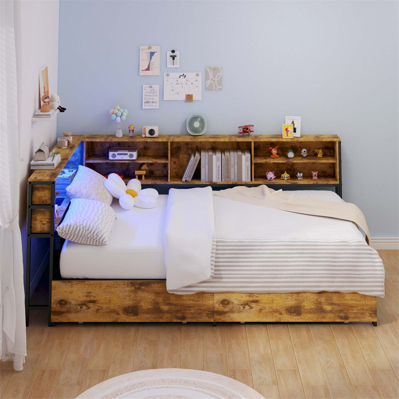 L-Shape Twin Daybed with Storage Cabinets, Drawers, Study Desk, Bookshelf, and LED Charging Station for Kids and Small Spaces.