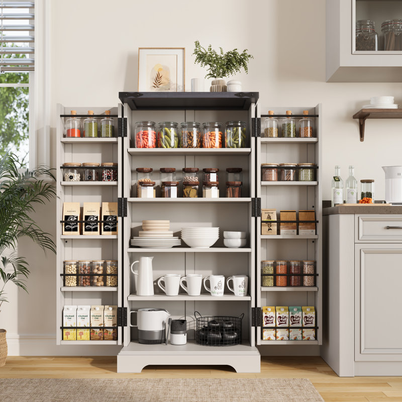 Farmhouse 47" Kitchen Pantry Cabinet with Barn Doors & 10 Door Shelves, Wood Storage Organizer with Adjustable Shelves, White