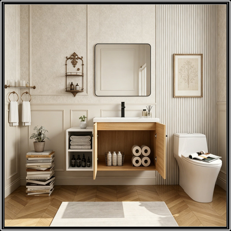 Meuble-lavabo mural avec 2 portes et tablettes de rangement latérales, Natural