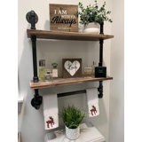 Industrial Pipe Shelf Bathroom Shelves Wall Mounted,19.6in Rustic Wood Shelf with Towel Bar
