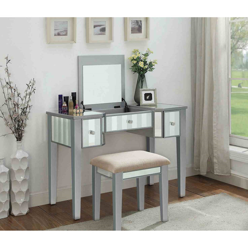 Silver 1Pc Vanity And Stool , Transitional Aspect Concept, 3 Drawers For Storage, 5Mm Central Mirror, Solid Wood Bedroom Selection Concept W/ In Style, Framework Scheme, Color Scheme